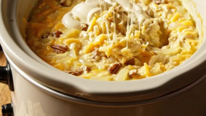 A warm, ivory ceramic slow cooker filled with creamy Vidalia onion dip, topped with toasted pecans and melted Swiss cheese.