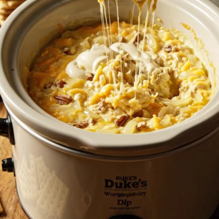 A warm, ivory ceramic slow cooker filled with creamy Vidalia onion dip, topped with toasted pecans and melted Swiss cheese.