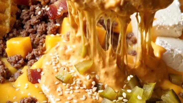 A vibrant red crockpot filled with creamy bacon cheeseburger dip, topped with sesame seeds and pickles.
