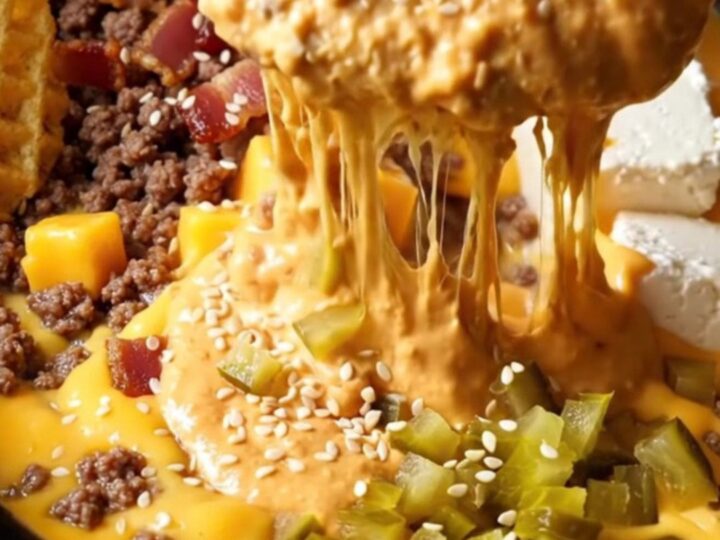 A vibrant red crockpot filled with creamy bacon cheeseburger dip, topped with sesame seeds and pickles.