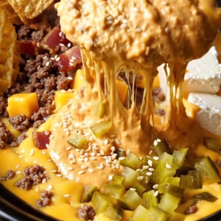 A vibrant red crockpot filled with creamy bacon cheeseburger dip, topped with sesame seeds and pickles.
