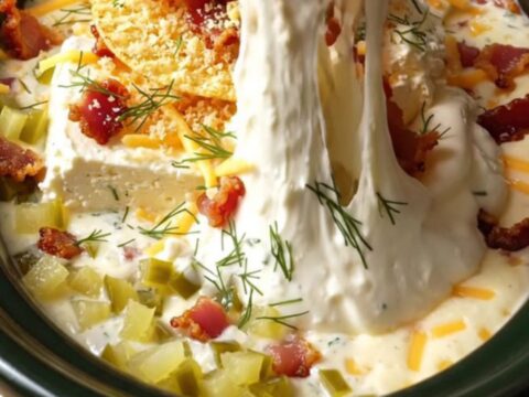 A close-up of a potato chip being dipped into a creamy, bubbling slow-cooker dip topped with bacon and panko.