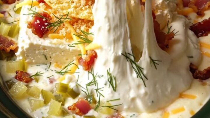 A close-up of a potato chip being dipped into a creamy, bubbling slow-cooker dip topped with bacon and panko.
