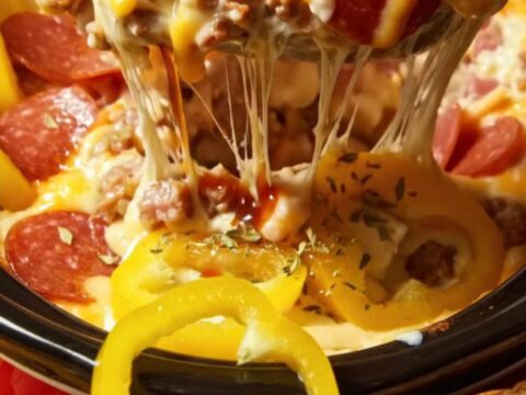 A close-up view of a toasted Italian bread wedge dipping into a creamy