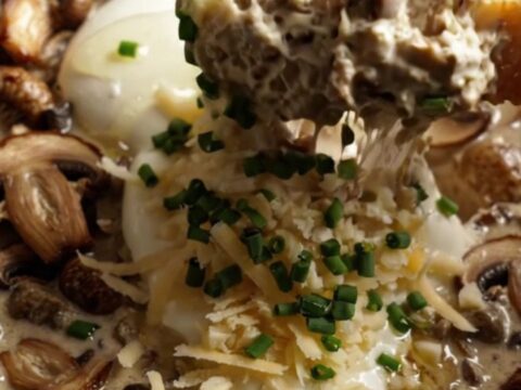 A close-up of a creamy wild mushroom and Gruyere dip in a ceramic Crockpot, garnished with truffle oil and fresh chives.