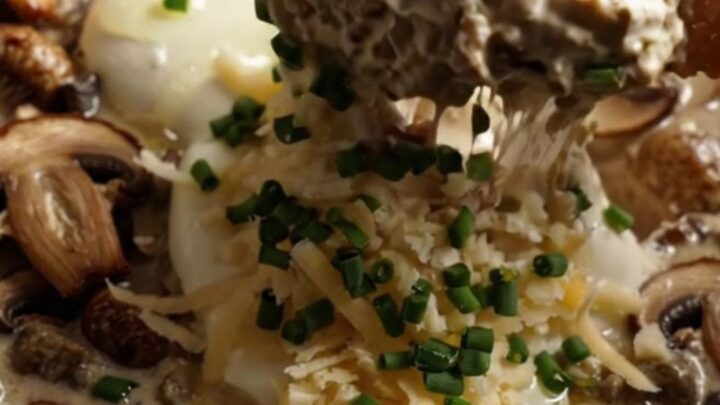A close-up of a creamy wild mushroom and Gruyere dip in a ceramic Crockpot, garnished with truffle oil and fresh chives.