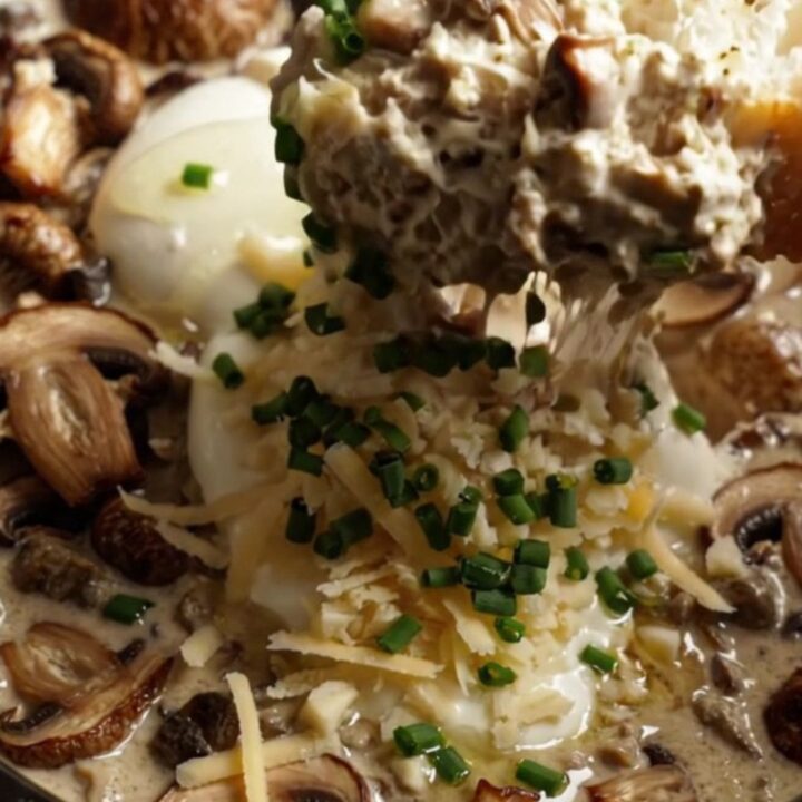 A close-up of a creamy wild mushroom and Gruyere dip in a ceramic Crockpot, garnished with truffle oil and fresh chives.
