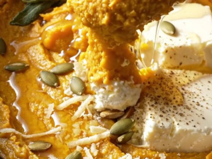 A close-up of a creamy butternut squash and goat cheese dip in a ceramic crockpot with a pita chip dipping in.