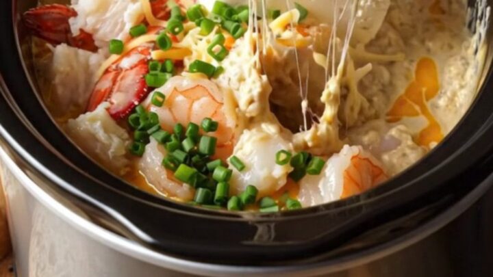 A close-up of a creamy lobster and shrimp dip in a navy blue slow cooker