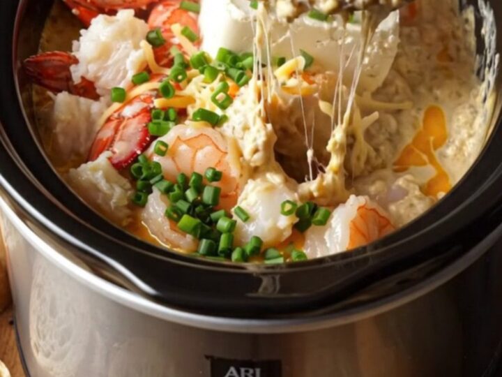A close-up of a creamy lobster and shrimp dip in a navy blue slow cooker