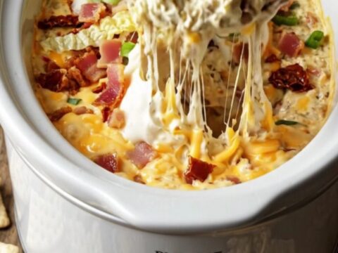 A warm, creamy bacon dip in a white ceramic slow cooker with toasted sourdough bread for dipping.