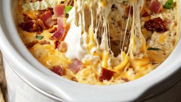 A warm, creamy bacon dip in a white ceramic slow cooker with toasted sourdough bread for dipping.