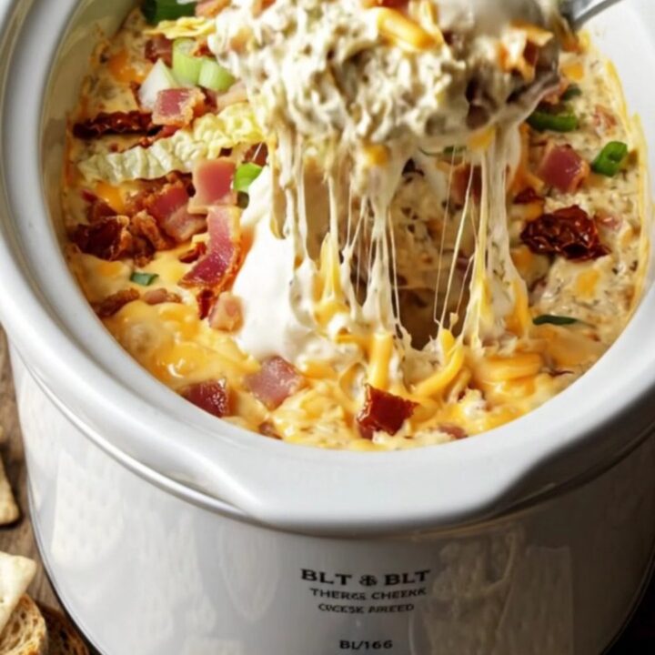 A warm, creamy bacon dip in a white ceramic slow cooker with toasted sourdough bread for dipping.