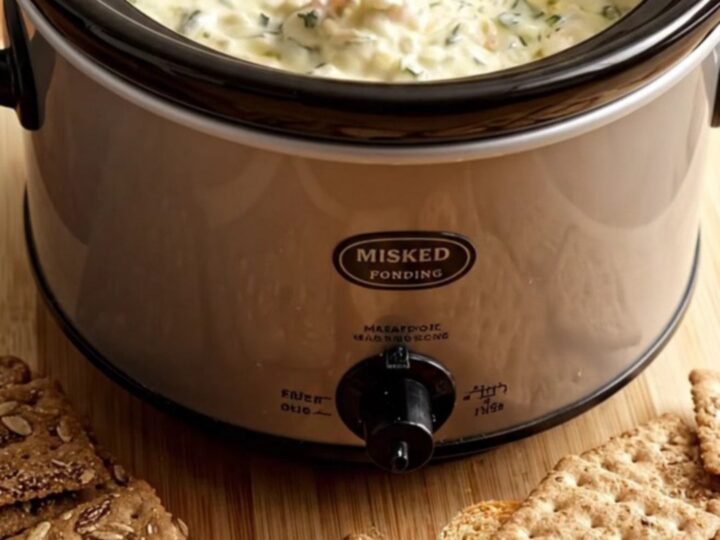 A close-up of a warm, creamy smoked salmon dip in a gray ceramic crock, topped with fresh dill and cracked pepper.