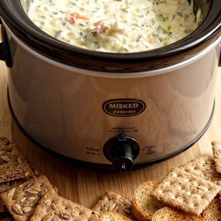 A close-up of a warm, creamy smoked salmon dip in a gray ceramic crock, topped with fresh dill and cracked pepper.