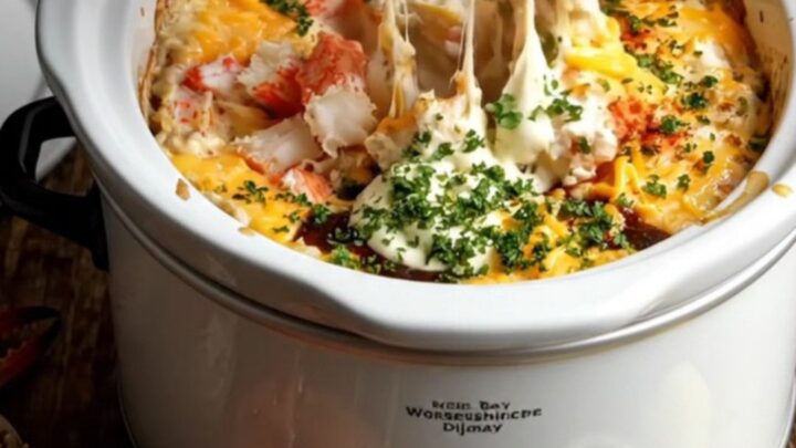 A close-up of a golden, bubbling crab dip in a white stoneware crockpot with a piece of baguette being dipped in.