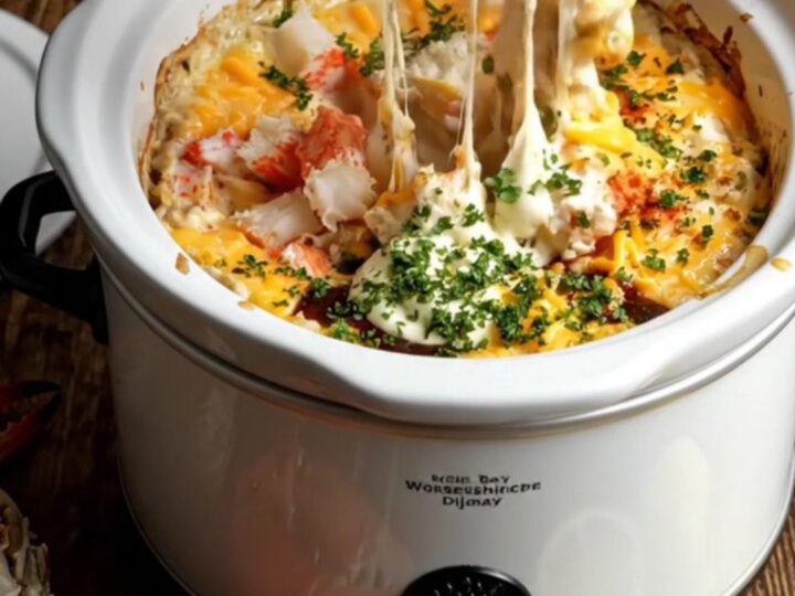 A close-up of a golden, bubbling crab dip in a white stoneware crockpot with a piece of baguette being dipped in.