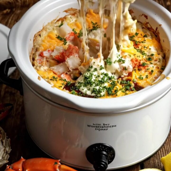 A close-up of a golden, bubbling crab dip in a white stoneware crockpot with a piece of baguette being dipped in.