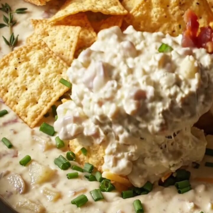 A creamy clam chowder dip in a stoneware crockpot topped with oyster crackers and chives.