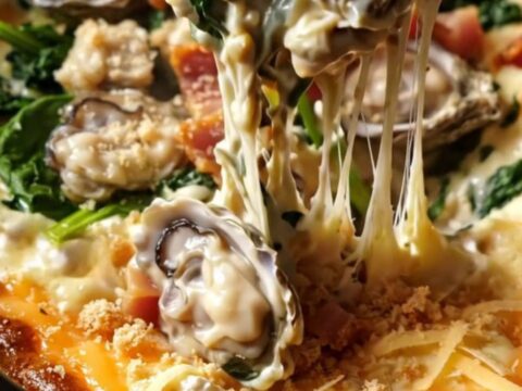 A creamy, bubbling Oysters Rockefeller dip in a black ceramic slow cooker, topped with crispy breadcrumbs.