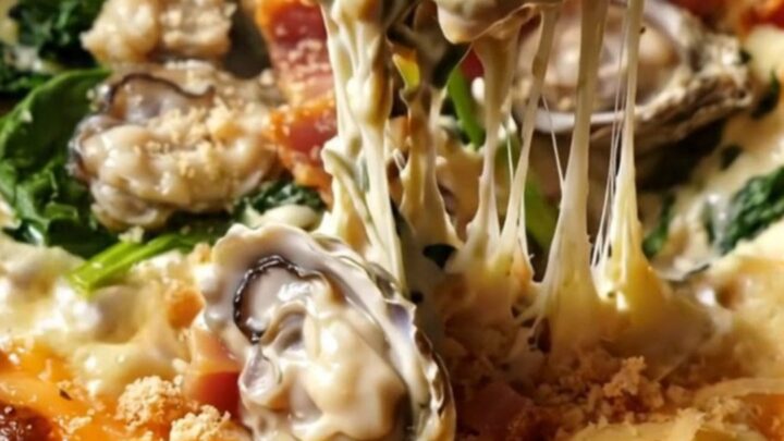 A creamy, bubbling Oysters Rockefeller dip in a black ceramic slow cooker, topped with crispy breadcrumbs.