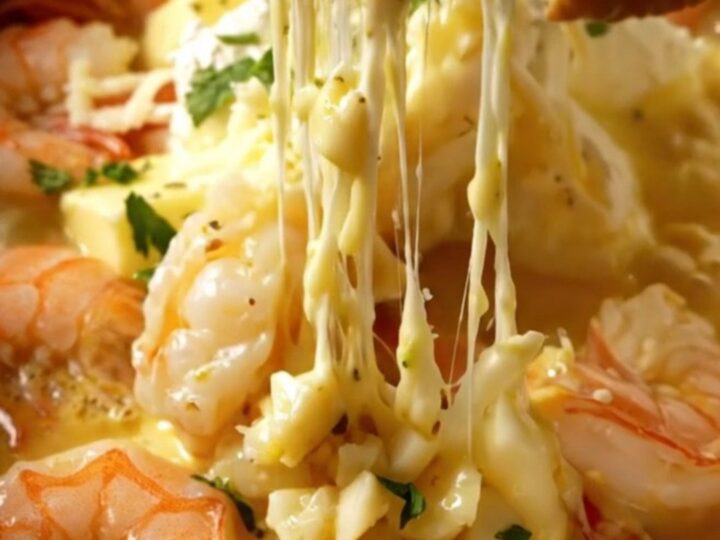 A rustic Crockpot filled with creamy shrimp scampi dip, topped with fresh parsley and served with toasted ciabatta bread.