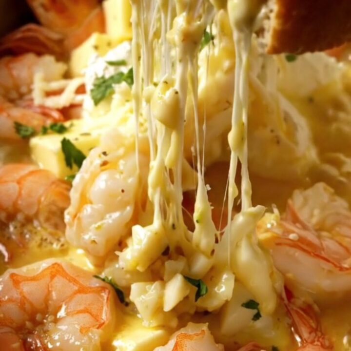 A rustic Crockpot filled with creamy shrimp scampi dip, topped with fresh parsley and served with toasted ciabatta bread.