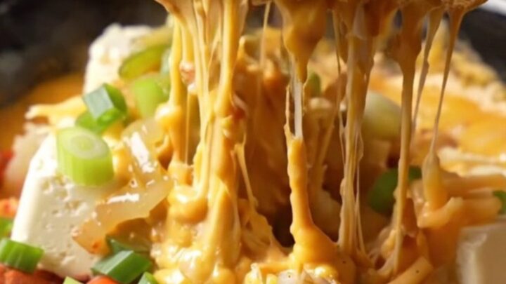A close-up of a deep red ceramic slow cooker filled with creamy, golden-orange crawfish étouffée queso dip.