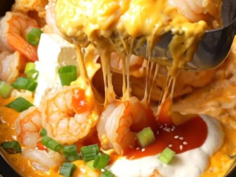 Creamy Bang Bang shrimp dip in a black ceramic slow cooker, topped with crispy shrimp, scallions, and sesame seeds.