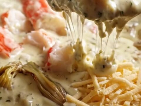 A close-up of a crispy sourdough cracker being dipped into a rich, creamy, and bubbling king crab and herb cheese dip.