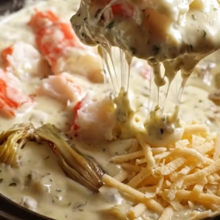 A close-up of a crispy sourdough cracker being dipped into a rich, creamy, and bubbling king crab and herb cheese dip.