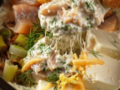 A warm cream stoneware Crockpot filled with creamy smoked trout and caramelized leek dip, garnished with fresh dill.