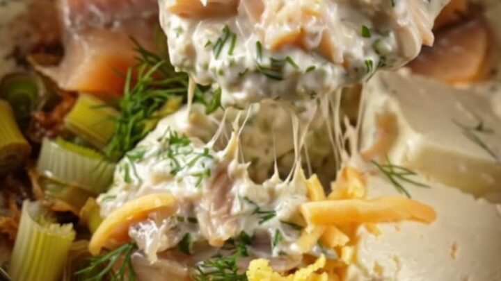 A warm cream stoneware Crockpot filled with creamy smoked trout and caramelized leek dip, garnished with fresh dill.