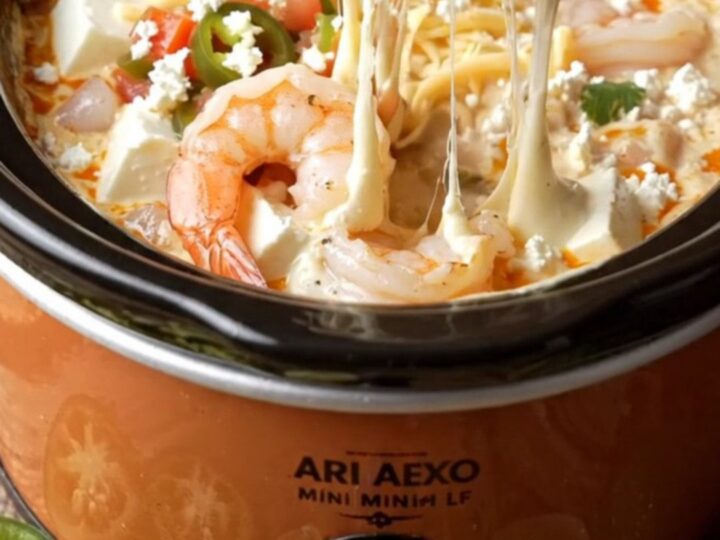 A warm ceramic crockpot filled with melted white queso, succulent shrimp, and fire-roasted chiles.