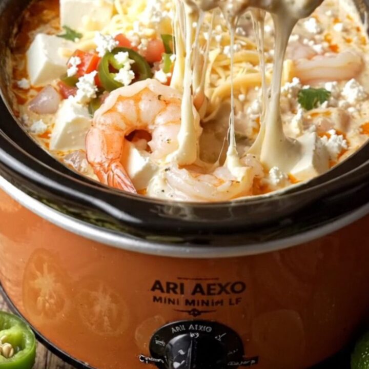 A warm ceramic crockpot filled with melted white queso, succulent shrimp, and fire-roasted chiles.