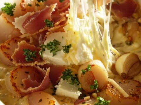 A close-up shot of a creamy, bubbling scallop and Fontina cheese dip in a white ceramic slow cooker.