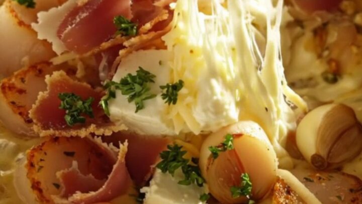 A close-up shot of a creamy, bubbling scallop and Fontina cheese dip in a white ceramic slow cooker.