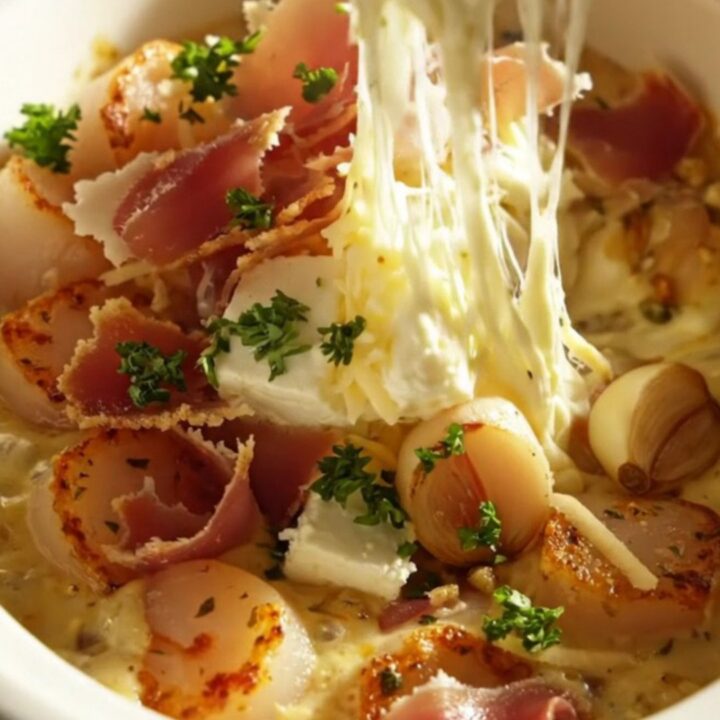 A close-up shot of a creamy, bubbling scallop and Fontina cheese dip in a white ceramic slow cooker.