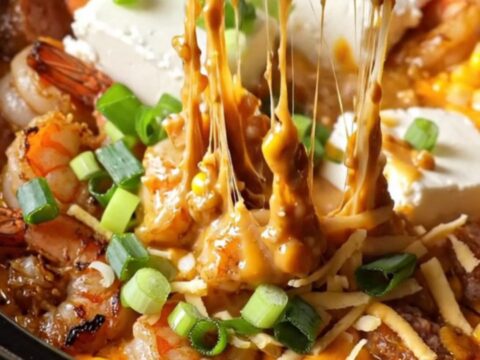 A close-up of a bubbling Crockpot filled with creamy Cajun dip featuring blackened shrimp and charred corn.