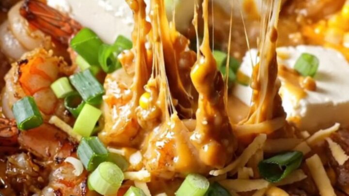 A close-up of a bubbling Crockpot filled with creamy Cajun dip featuring blackened shrimp and charred corn.