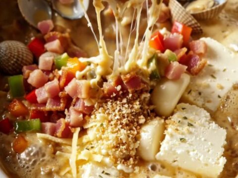 A close-up of a bubbling slow-cooker filled with creamy Clams Casino dip topped with golden breadcrumbs.