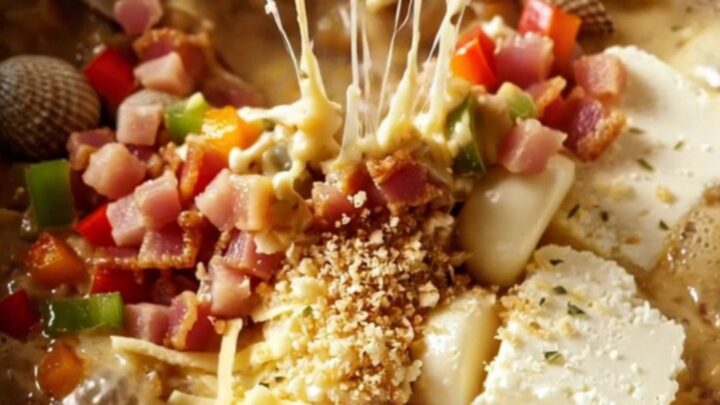 A close-up of a bubbling slow-cooker filled with creamy Clams Casino dip topped with golden breadcrumbs.