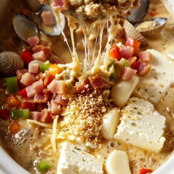 A close-up of a bubbling slow-cooker filled with creamy Clams Casino dip topped with golden breadcrumbs.