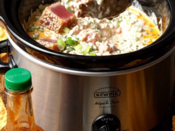 Close up of a crispy nori wonton chip being dipped into a creamy, warm spicy tuna dip in a black Crockpot.
