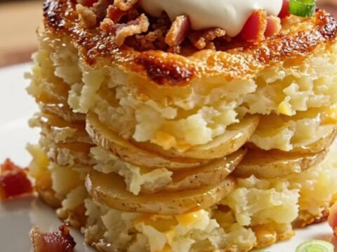 A close-up of a serving of loaded bacon cheddar scalloped potatoes, showing creamy layers and molten cheese strings.