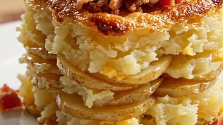 A close-up of a serving of loaded bacon cheddar scalloped potatoes, showing creamy layers and molten cheese strings.