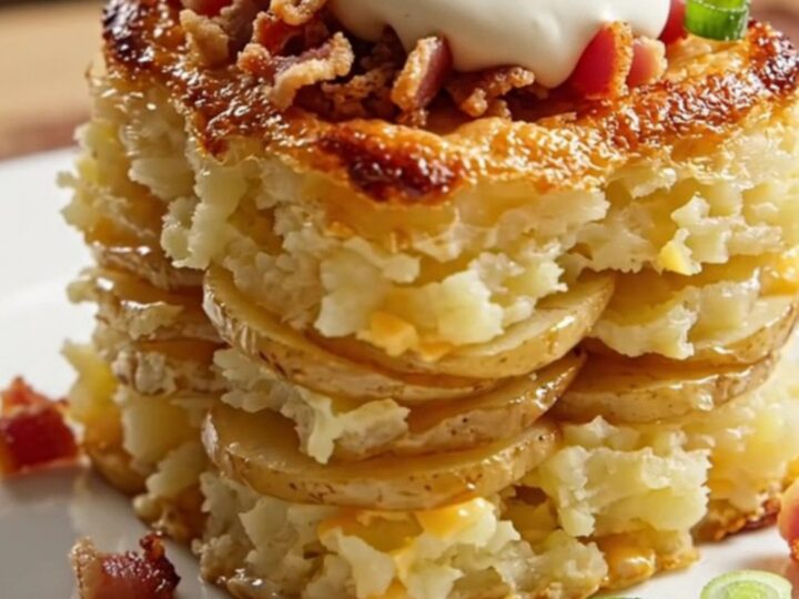 A close-up of a serving of loaded bacon cheddar scalloped potatoes, showing creamy layers and molten cheese strings.