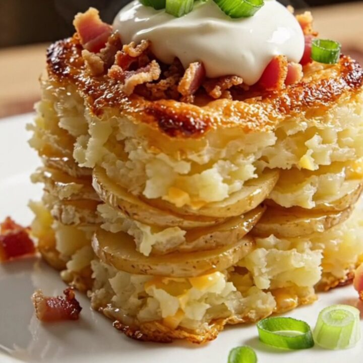 A close-up of a serving of loaded bacon cheddar scalloped potatoes, showing creamy layers and molten cheese strings.