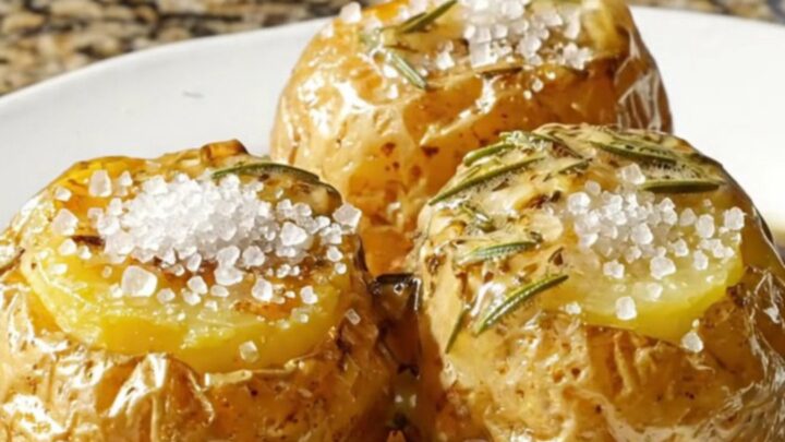 A close-up view of three perfectly cooked fondant potatoes glistening with a rich, amber herb butter glaze on a platter.