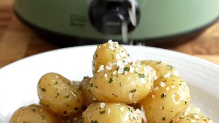 A close-up of buttery fingerling potatoes in a sage-green slow cooker, garnished with fresh dill and lemon zest.
